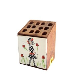 Vintage Handmade Decorative Wood Pencil / Pen Holder 12 Slots with Sharpener